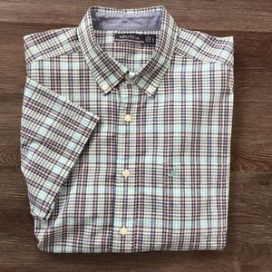 Nautica Teal Plaid Short Sleeve Button Down Camp Shirt Size Large